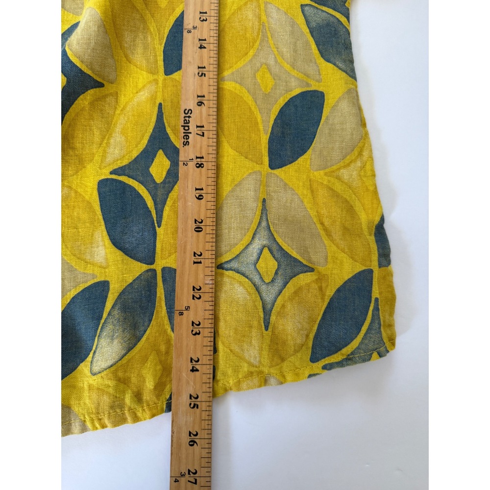 Pure Linen Made in Italy Yellow Blue Geometric Short Sleeve Blouse Size XL - Picture 5 of 6